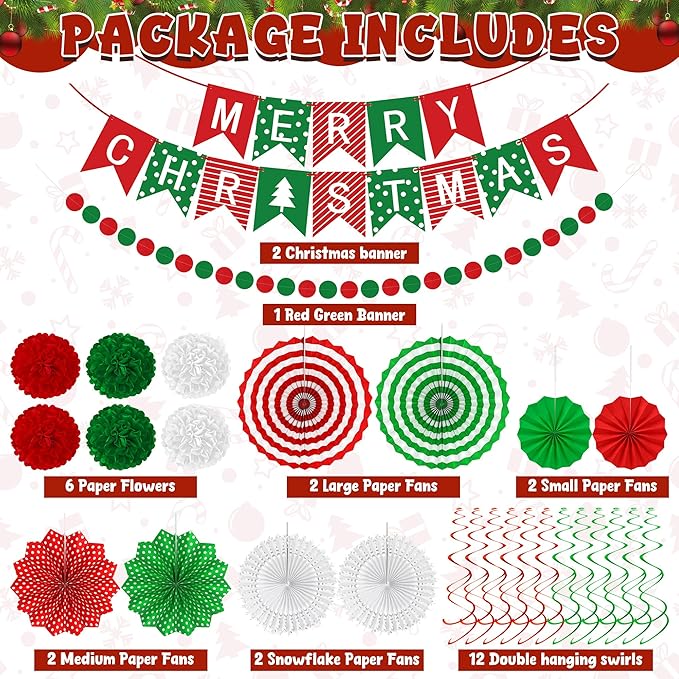 28PCS Christmas Decorations Christmas Banner Paper Fans Set Red
