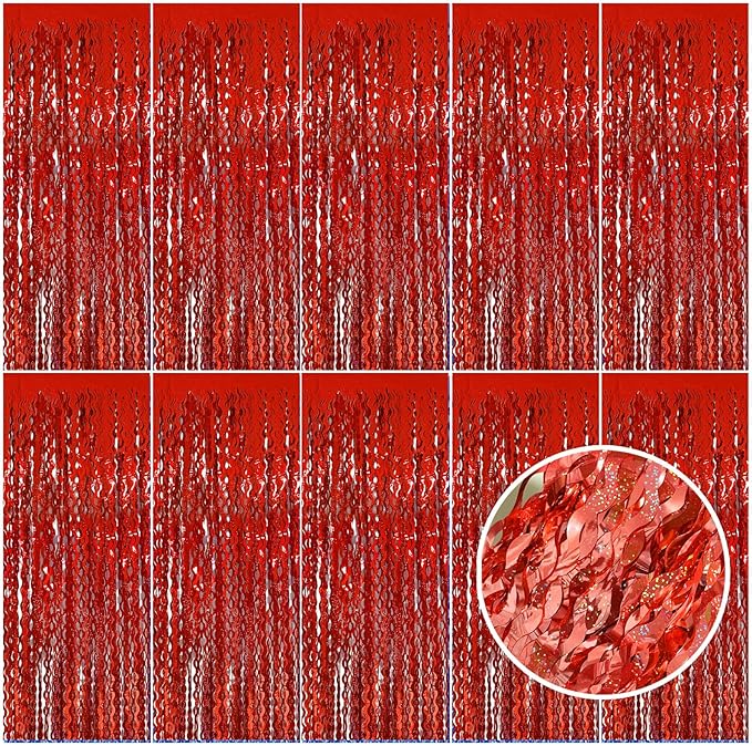 Red Tinsel Foil Fringe Curtains Wavy Backdrop for Parties Sparkle