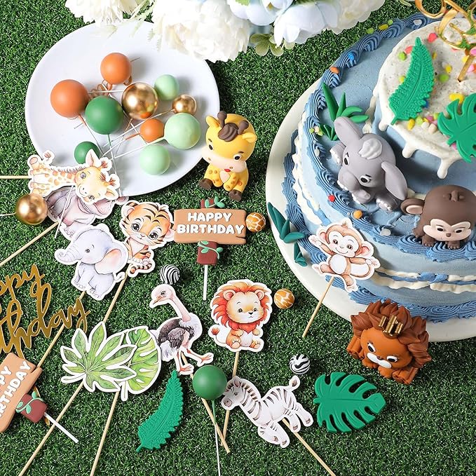 42 Pcs Safari Jungle Animal Cake Toppers Wild One Lion Giraffe