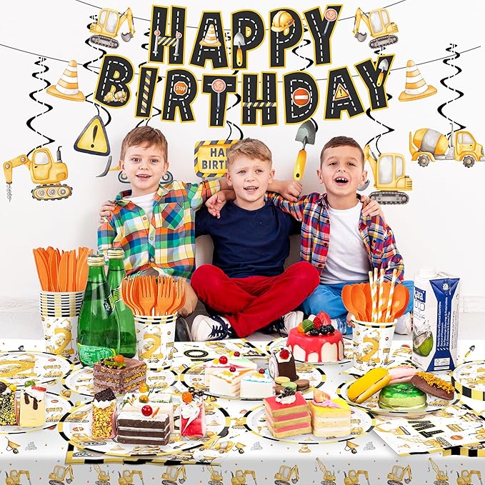 201pcs Construction 2nd Birthday Party Decorations 2nd Plates