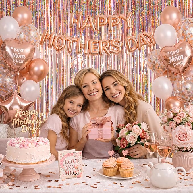 Photo Backdrop for Mothers Day Decorations, Melsan Rose Gold Tinsel