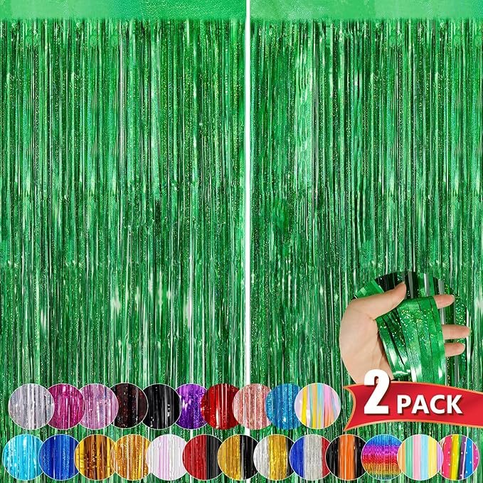 Green Metallic Tinsel Foil Fringe Curtains, 2 Pack 3.3x8.3 Feet Party