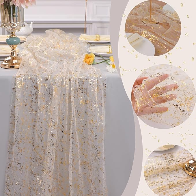 Snowkingdom 3Pcs 10Ft Gold Table Runners, Sheer Gauze Chiffon