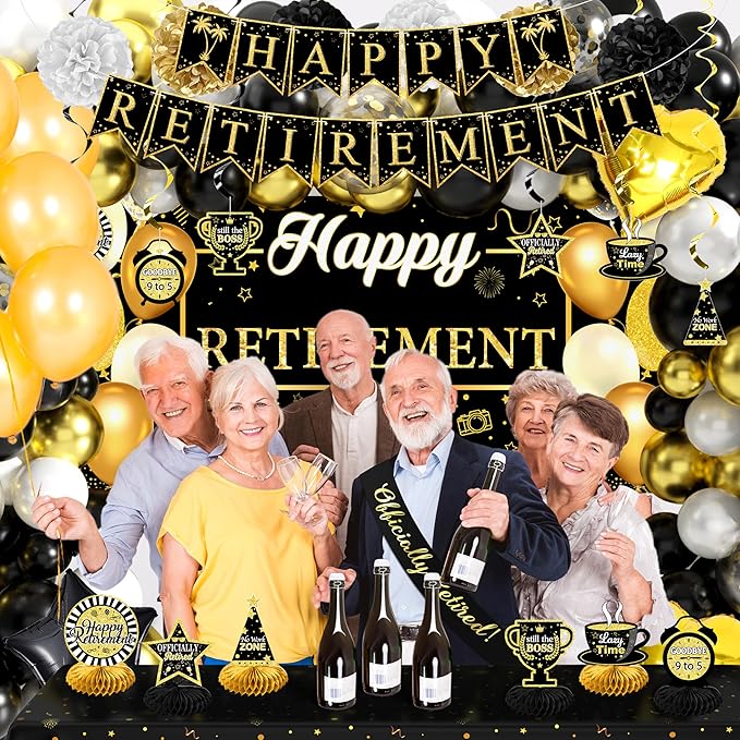 Retirement Party Decorations for Men Women 109Pcs Black Gold Happy
