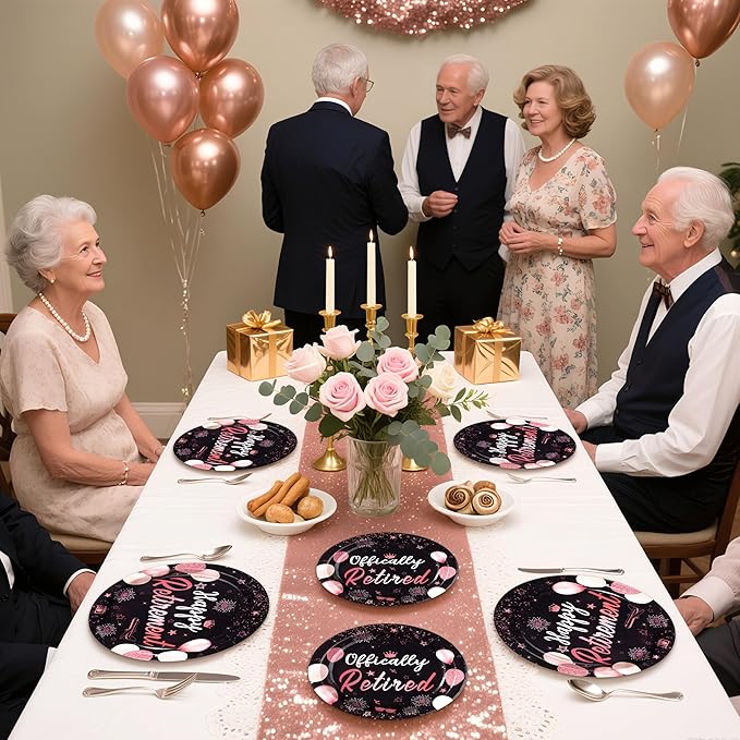 96Pcs Retirement Party Decorations Black Rose Gold Retirement Plates