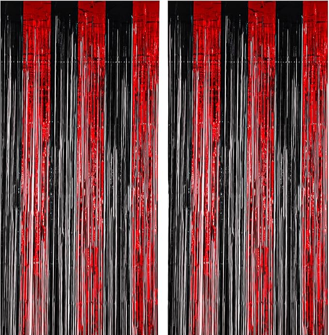 Voircoloria 2 Pack 3.3x8.2 Feet Red and Black Foil Fringe Backdrop