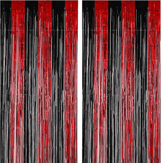 Voircoloria 2 Pack 3.3x8.2 Feet Red and Black Foil Fringe Backdrop