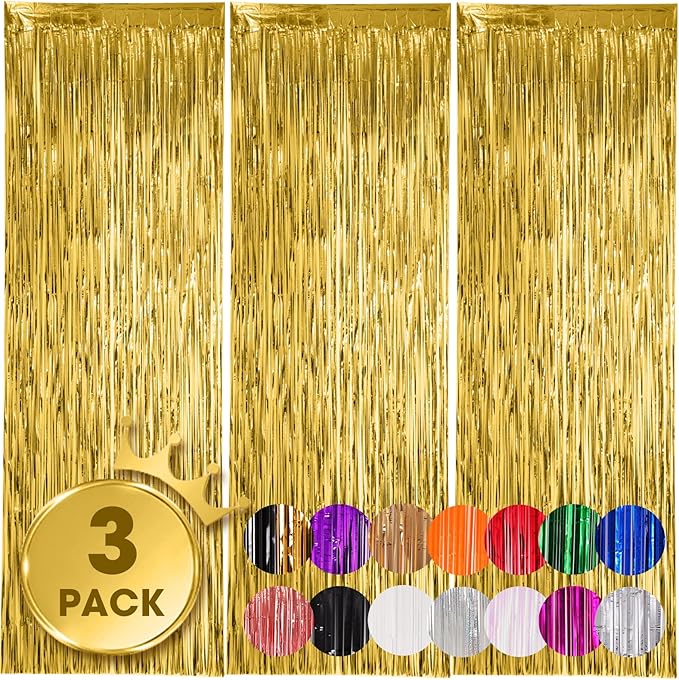 Voircoloria 3 Pack 3.3x8.2 Feet Gold Foil Fringe Backdrop Curtains,