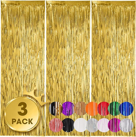 Voircoloria 3 Pack 3.3x8.2 Feet Gold Foil Fringe Backdrop Curtains,