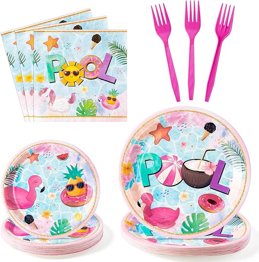 96Pcs Summer Pool Beach Ball Flamingos Party Plates Supplies Party