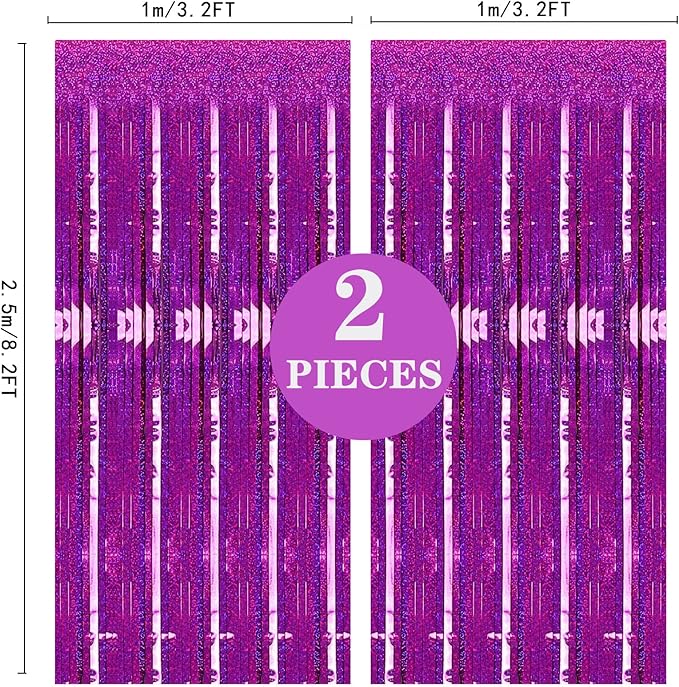 2 Pack 3.2ft x 8.2ft Hot Pink Metallic Tinsel Foil Fringe Curtains,