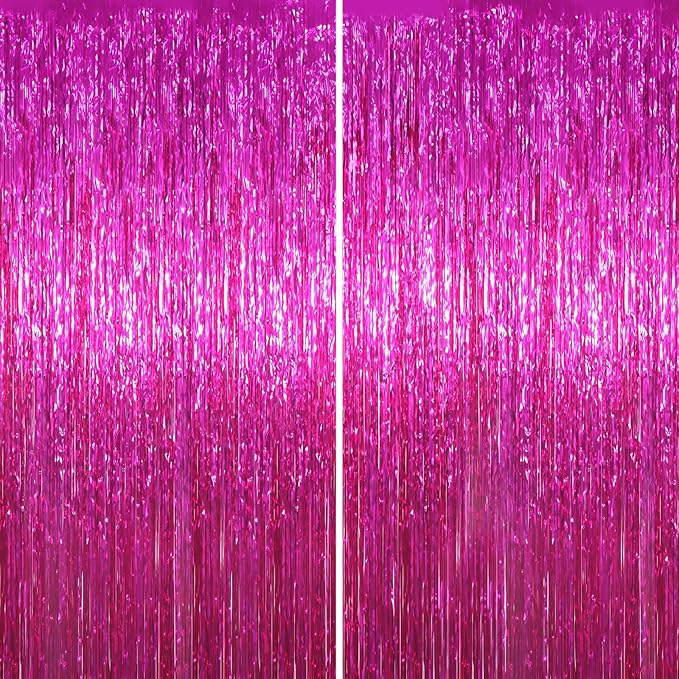 Voircoloria 2 Pack Pink Foil Fringe Backdrop Curtains, Tinsel