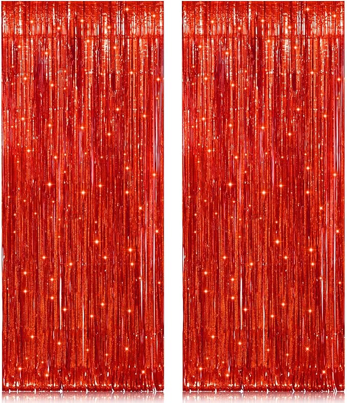 2 Pack 3.2ft x 8.2ft Red Foil Fringe Curtain, Glitter Metallic Tinsel