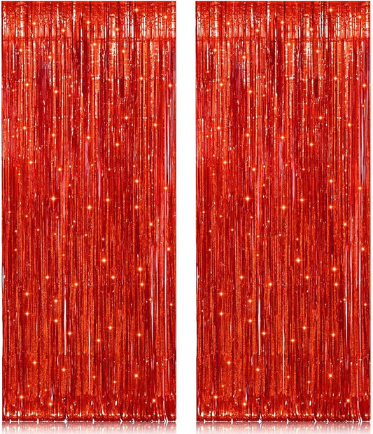 2 Pack 3.2ft x 8.2ft Red Foil Fringe Curtain, Glitter Metallic Tinsel