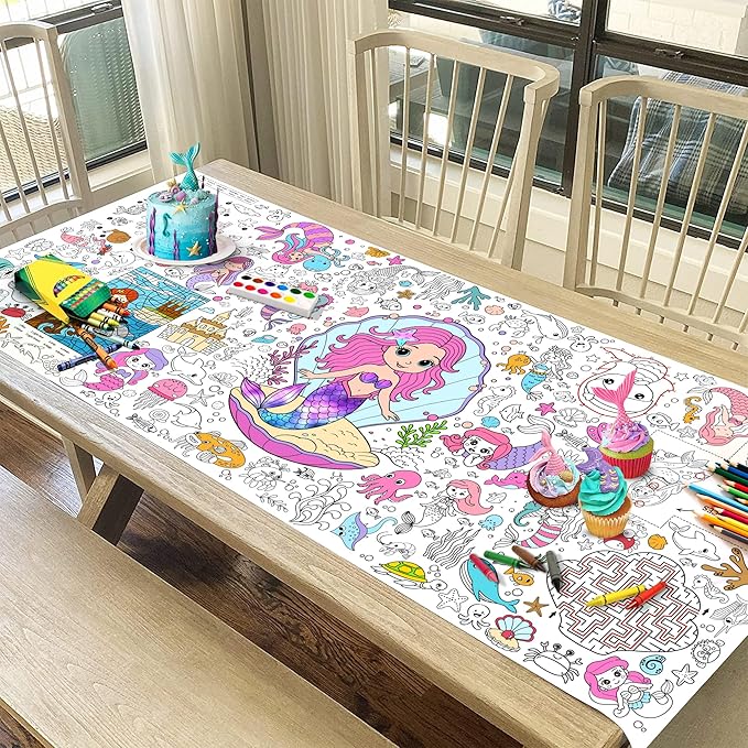 Mermaid Coloring Tablecloth for Kids 30x72 Inch Poster with Mermaids