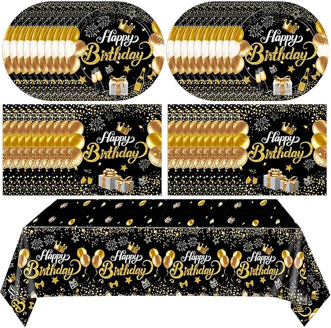 Black and Gold Party Decorations,41Pcs Happy Birthday Plates and