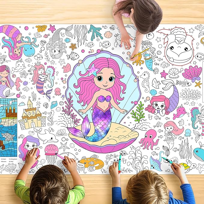 Mermaid Coloring Tablecloth for Kids 30x72 Inch Poster with Mermaids