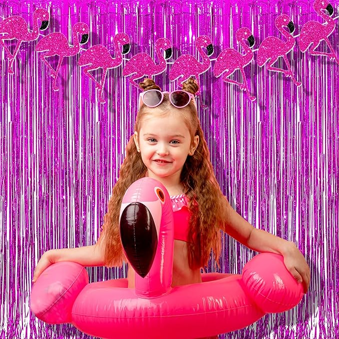 BRAVESHINE Hot Pink Tinsel Foil Fringe Curtains - 2Pcs 3.2x8.2ft