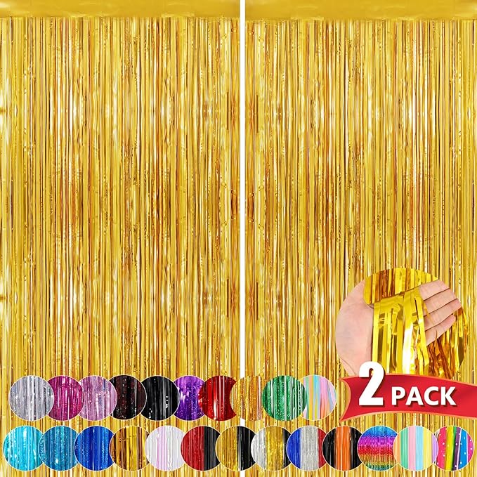 Gold Metallic Tinsel Foil Fringe Curtains, 2 Pack 3.3x8.3 Feet Party