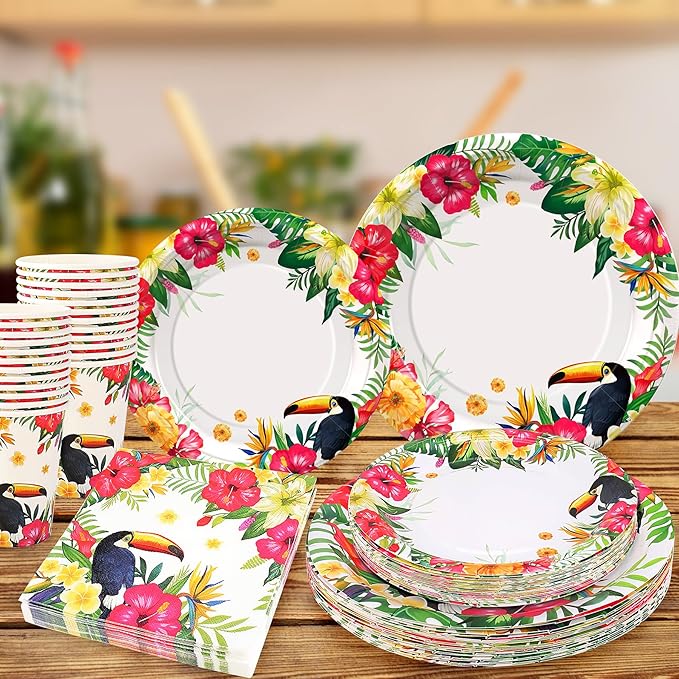 96PCS Tropical Plates and Napkins Hawaiian Cups Luau Party Tableware