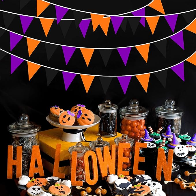 32Ft Orange Black Purple Halloween Pennant Banner Fabric Triangle