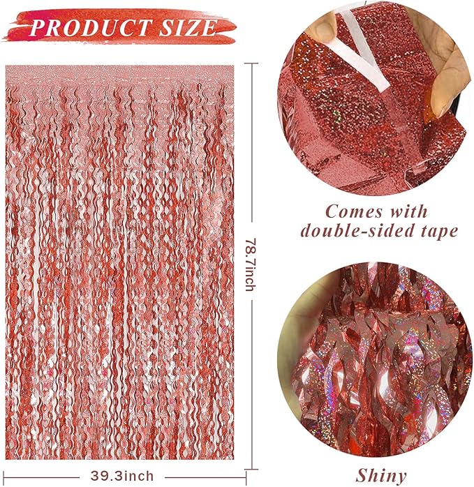 Rose Gold Tinsel Foil Fringe Curtains Wavy Backdrop for Parties