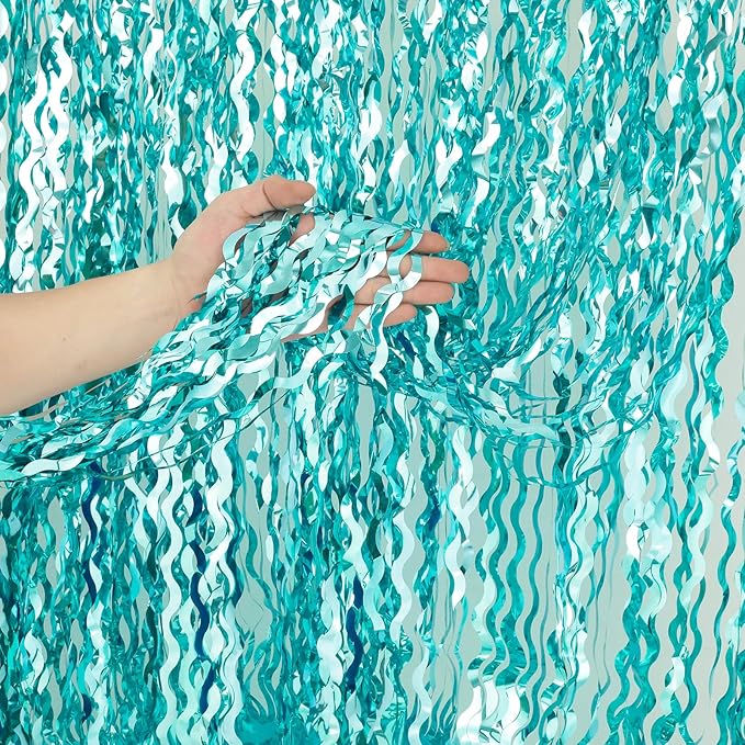 4 Pack 3.3 ft x 6.6 ft Wavy Aqua Teal Blue Tinsel Foil Fringe