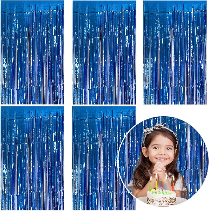 5 Pack Foil Curtain Backdrop Blue Metallic Tinsel Foil Fringe