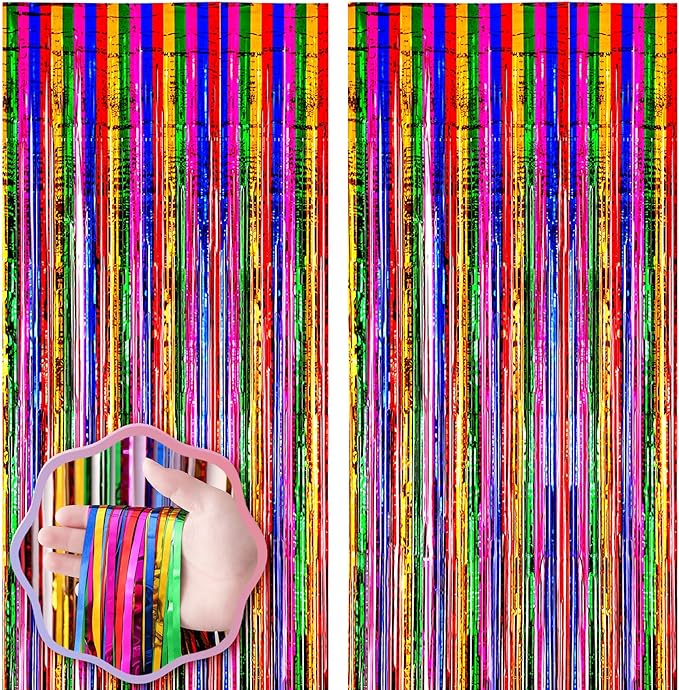 Voircoloria 2 Pack 3.3x8.2 Feet Rainbow Foil Fringe Backdrop