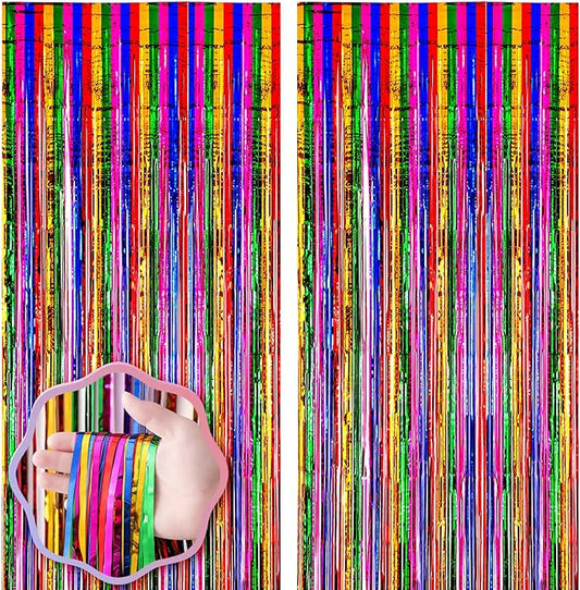 Voircoloria 2 Pack 3.3x8.2 Feet Rainbow Foil Fringe Backdrop