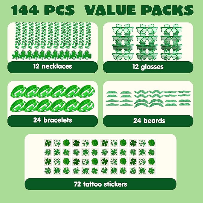 144 PCS St Patrick's Day Party Favor Accessories with 12 Green