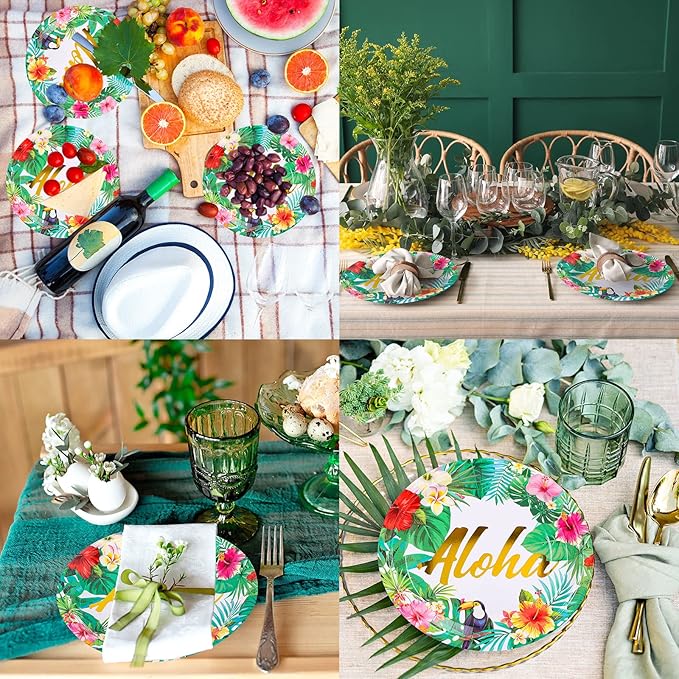 Paper Plates 9 Inch Disposable Tropical Hawaiian Luau Design 40Pcs