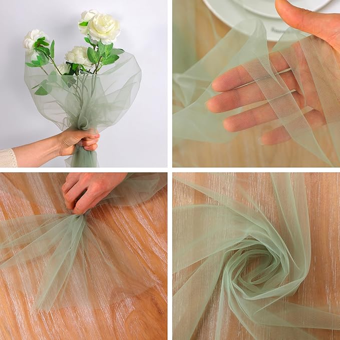 Snowkingdom Sage Green Table Runner, 10 FT Sheer Tulle Cheesecloth