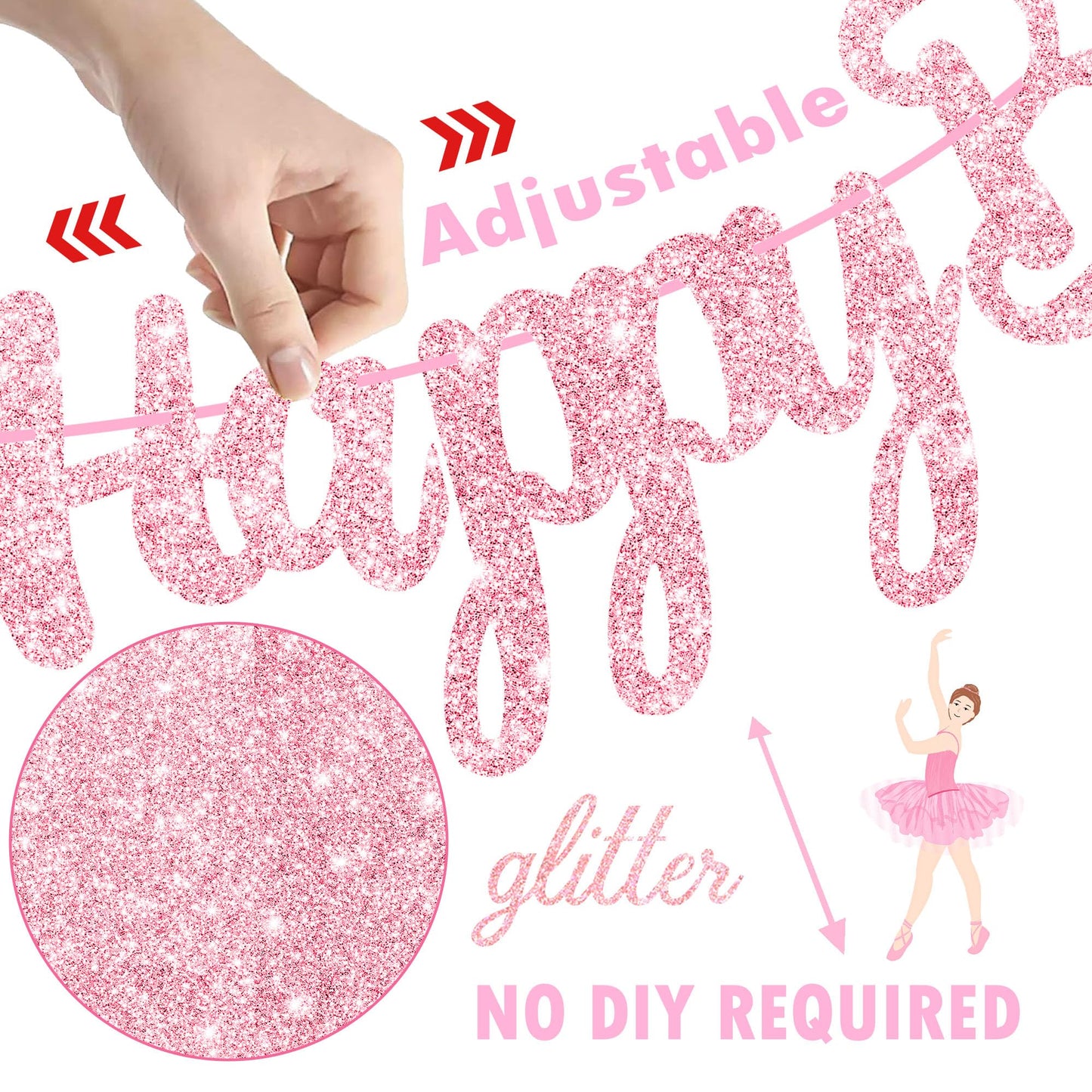 3Pcs Ballet Girls Happy Birthday Banners Glitter Pink Ballerina
