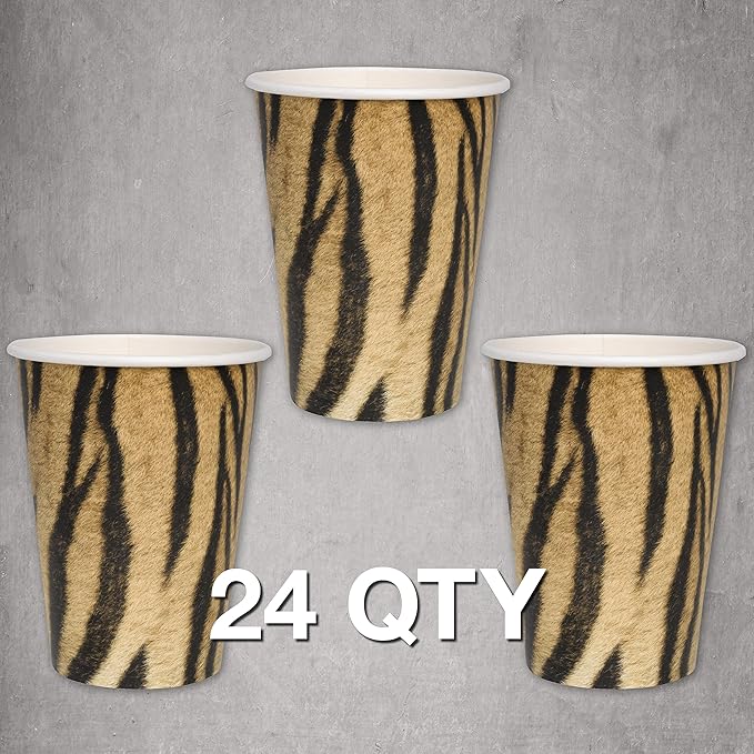 24 Jungle Safari Tiger Cups 12oz Heavyweight Paper Cups with Big Cat