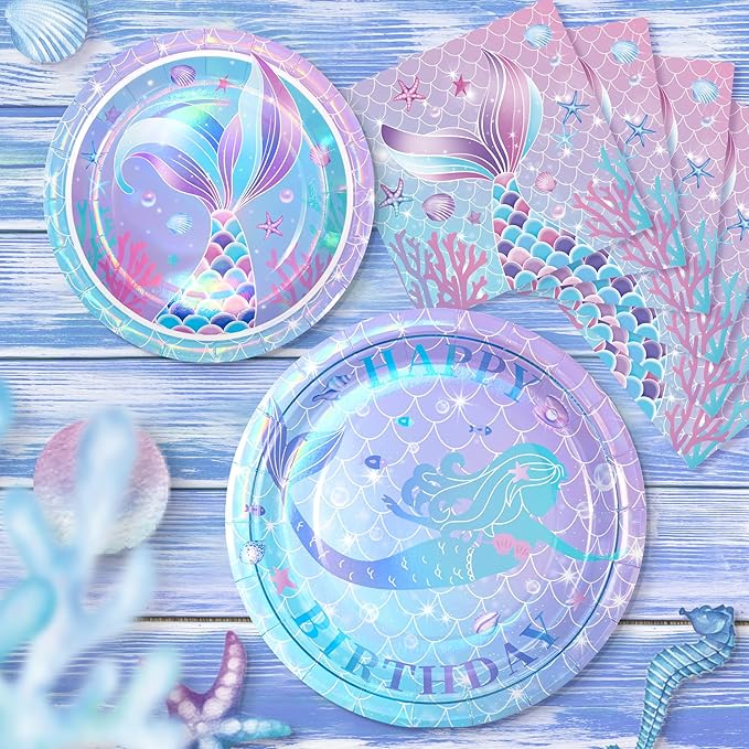 72PCS Mermaid Birthday Plates and Napkins Set of 24 Disposable Paper