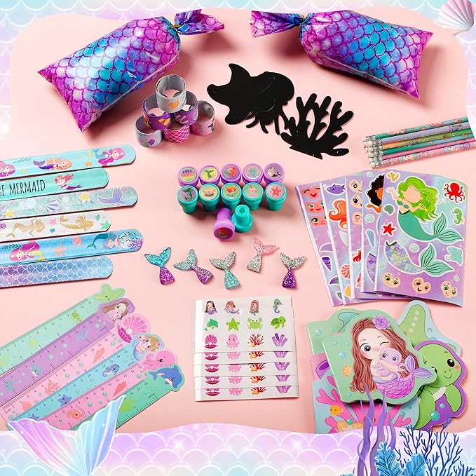 120Pcs Mermaid Party Favors Stickers Pencils Notebooks Stampers