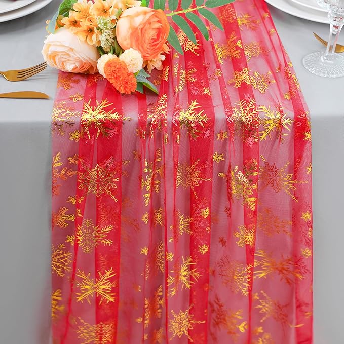 Snowkingdom Red Table Runner, 120 Inches Long Sheer Tulle with Gold