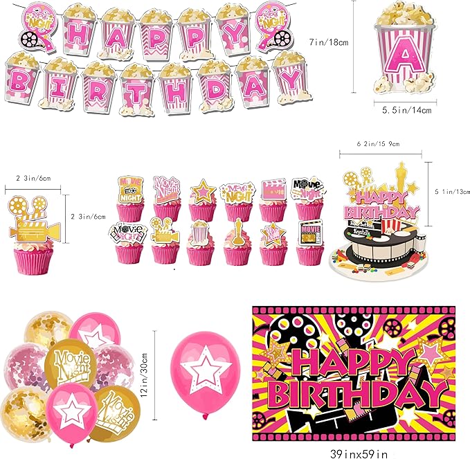43Pcs Pink Movie Night Party Decoration Including Cupcake Toppers