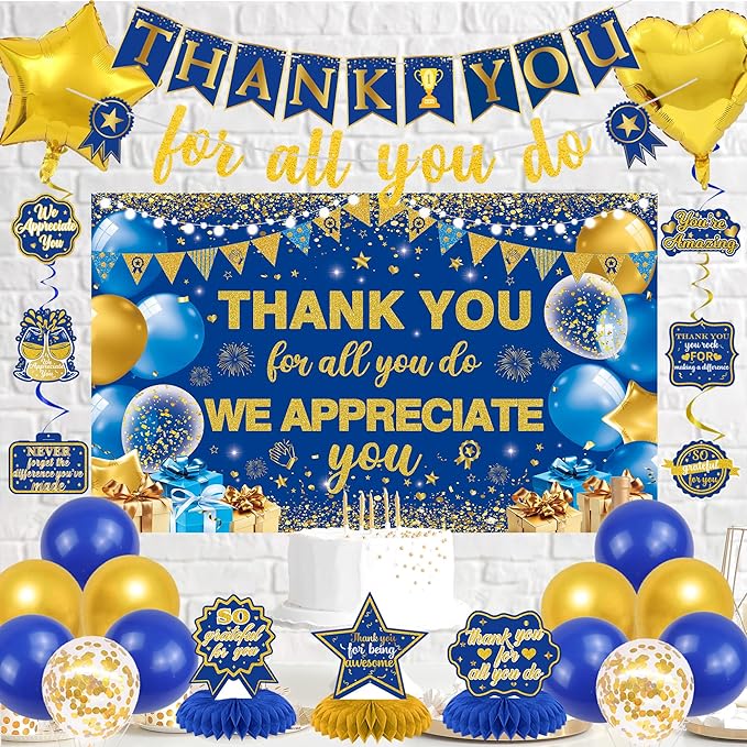 Vlipoeasn We Appreciate You Banner Decorations, Blue Gold Thank You