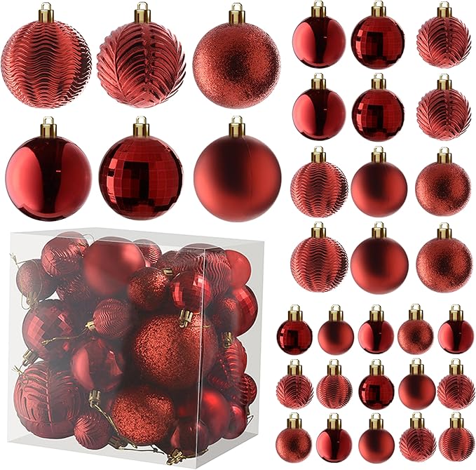 Prextex 36-Pieces Red Christmas Ornaments Set - Shatterproof, Festive
