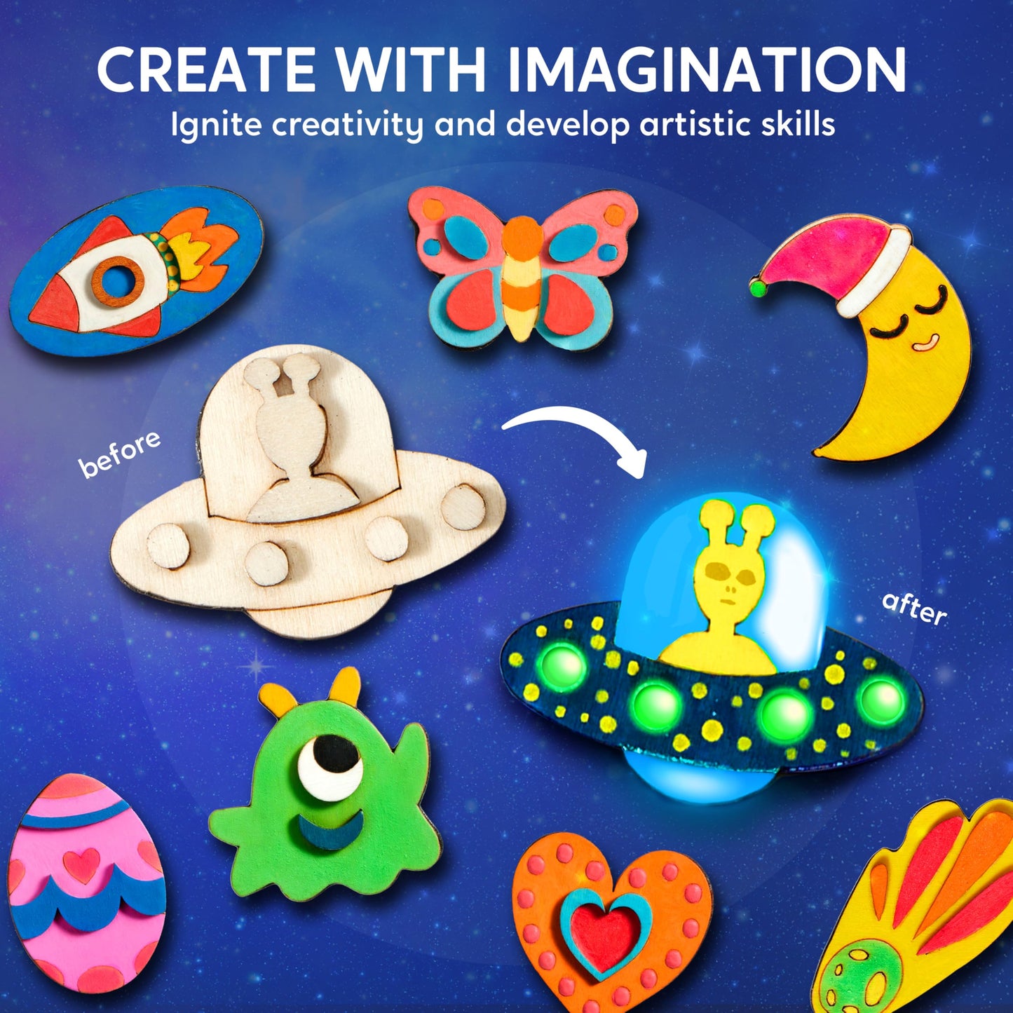 JOYIN 12 Glow in The Dark Wooden Magnets for Kids, Paint Your Own Arts