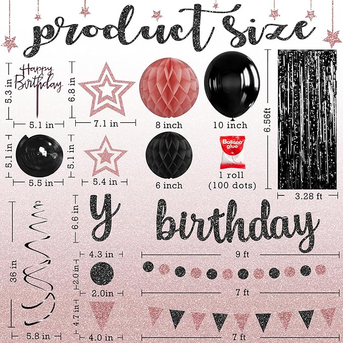 Rose Gold and Black Birthday Party Decorations Set Happy Birthday