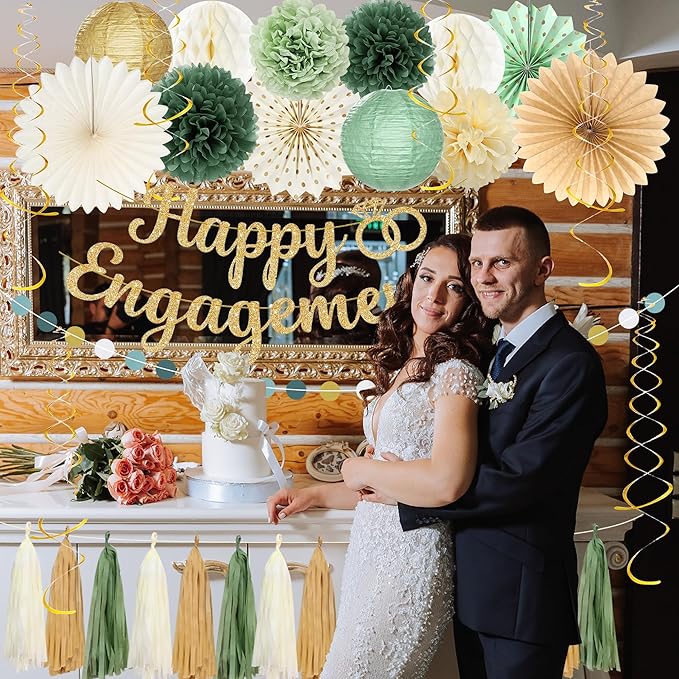 Engagement Party Decorations Green and Gold Glitter Happy Engagement