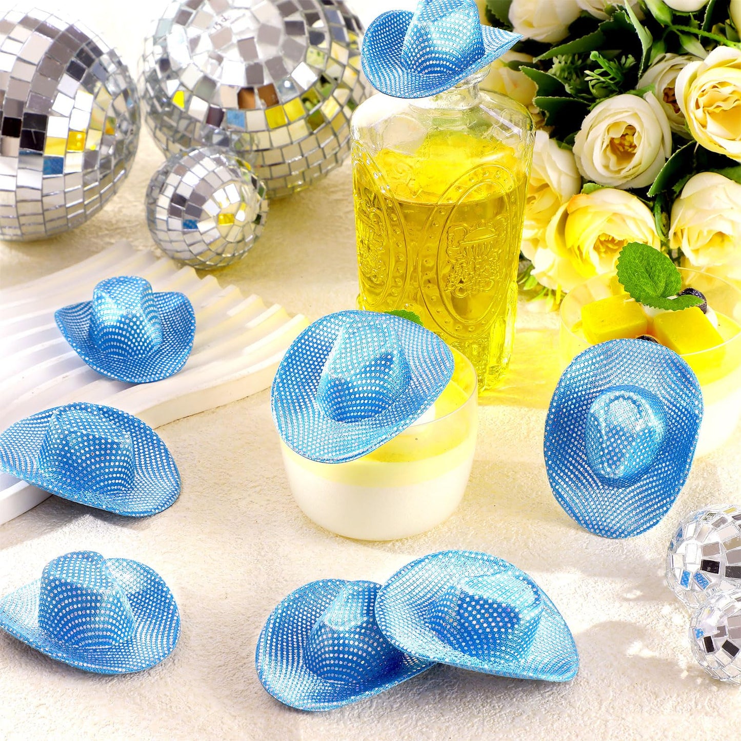 Sotiff 12 Pcs Mini Cowboy Hat Tiny Disco Glitter Hats for Crafts Blue