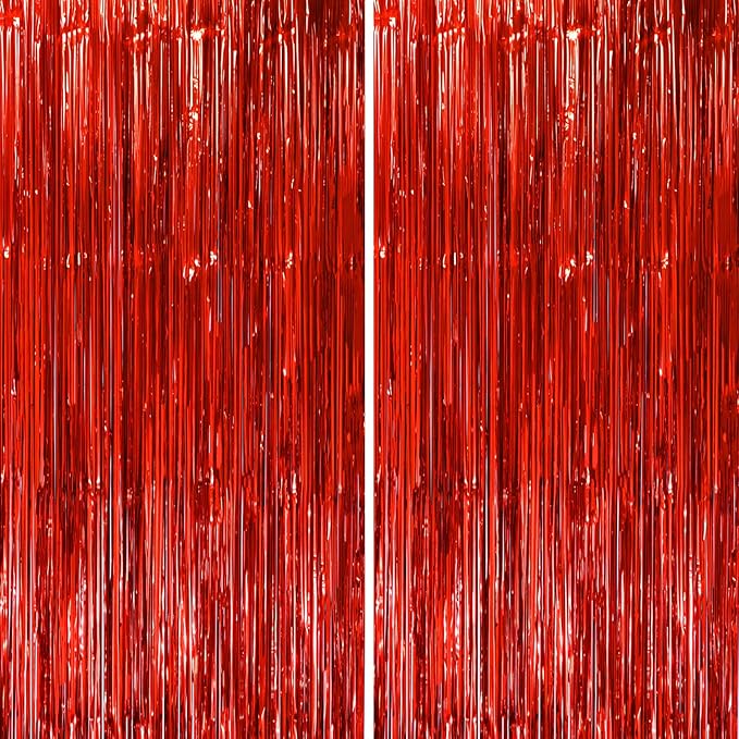 Voircoloria 2 Pack Red Foil Fringe Backdrop Curtains, Tinsel