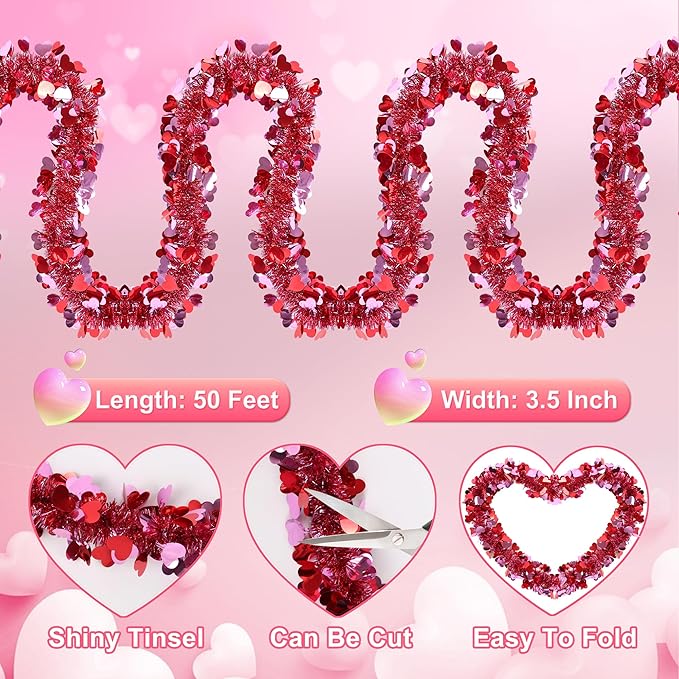 50 Feet Valentines Day Garland Decor Red Pink Heart Tinsel Garland
