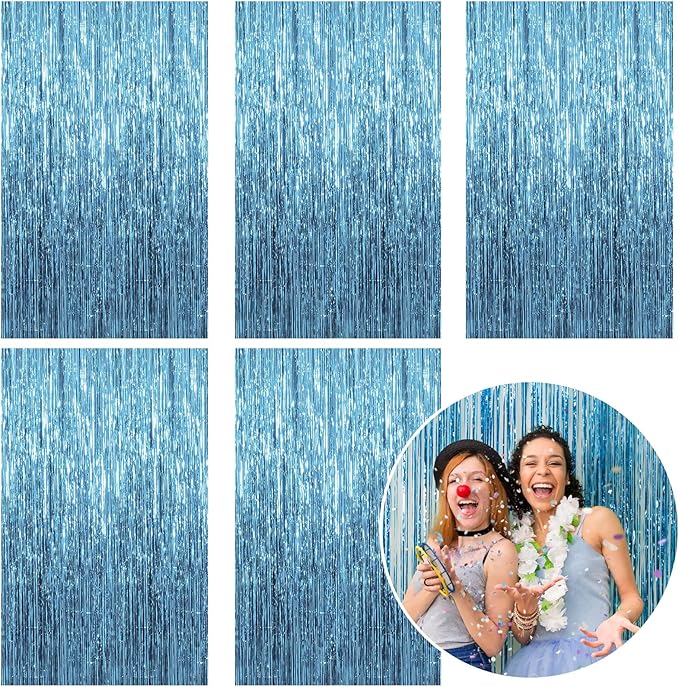 5 Pack Foil Curtain Backdrop Blue Metallic Tinsel Foil Fringe Curtains