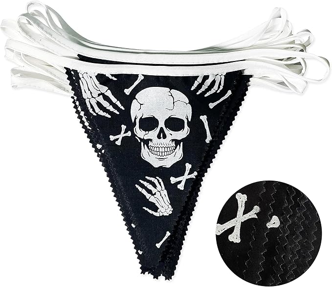 32Ft Black White Halloween Party Decorations Skull Fabric Pennant