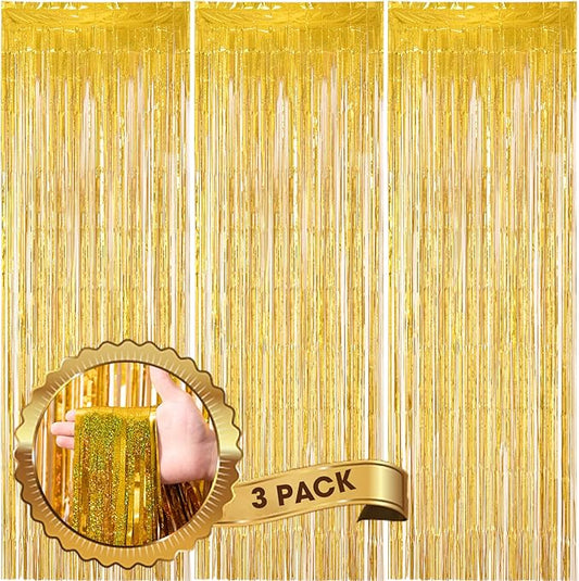 Voircoloria 3 Pack 3.3 x 8.2 ft Laser Gold Foil Fringe Backdrop
